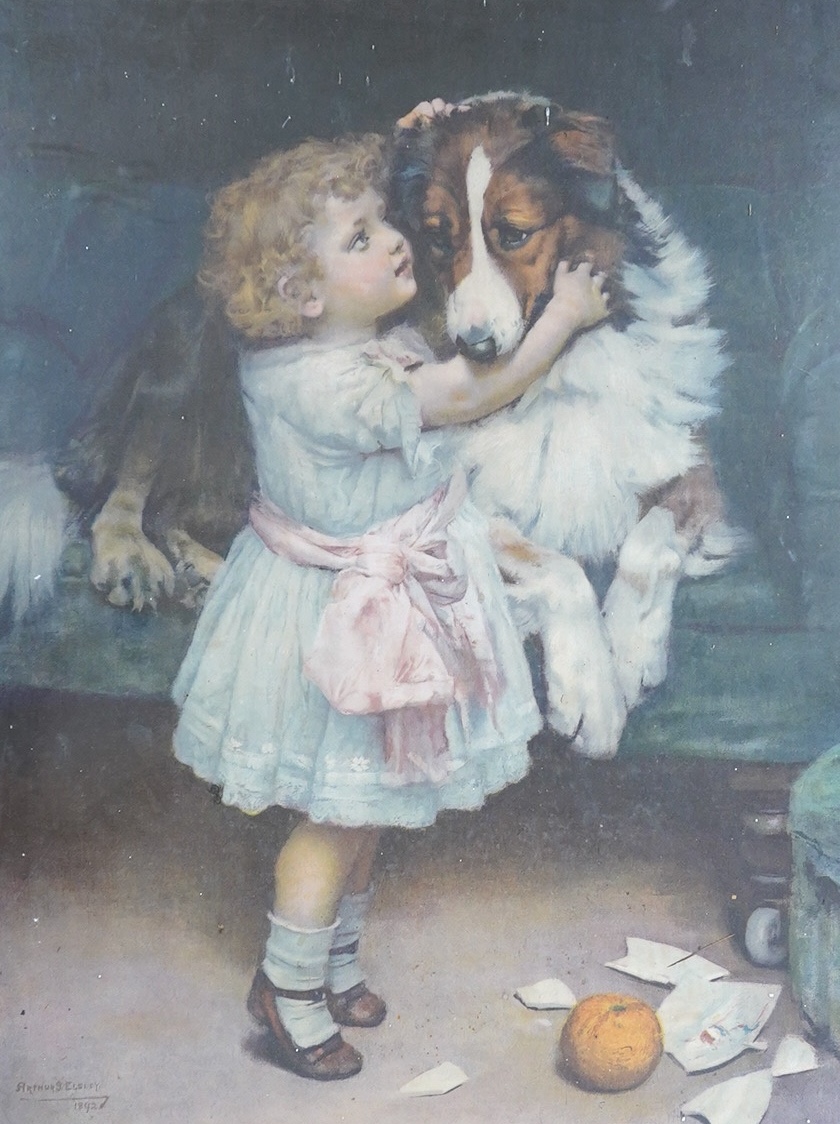 From the Studio of Fred Cuming. Two vintage Pears colour lithographs, comprising 'A quiet pipe' and 'Don't tell', from the painting by A G Elsley, one published by Cassell & Co., Ltd., largest 60 x 46cm. Condition - poor